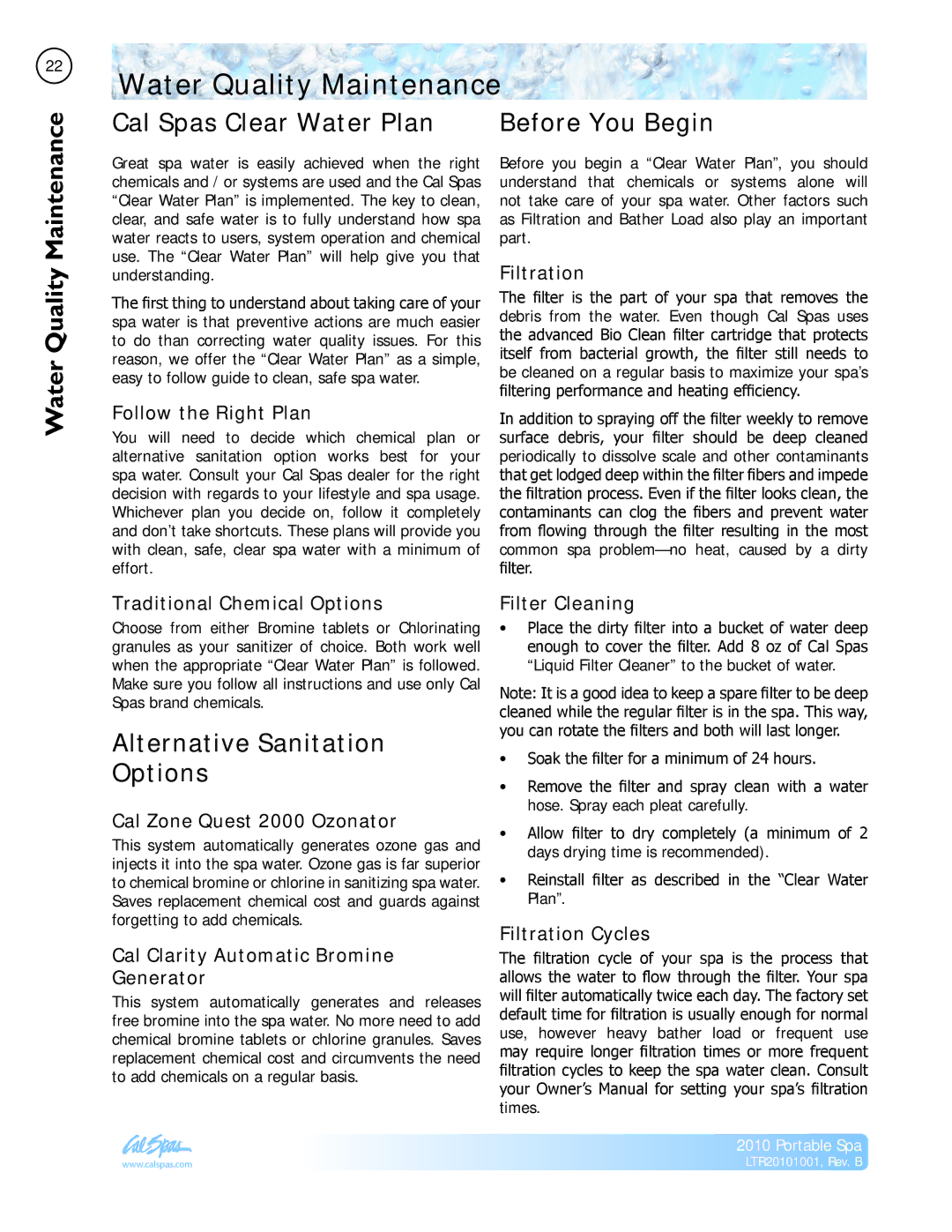 Cal Spas LTR20101001 Water Quality Maintenance, Cal Spas Clear Water Plan Before You Begin, Alternative Sanitation Options 