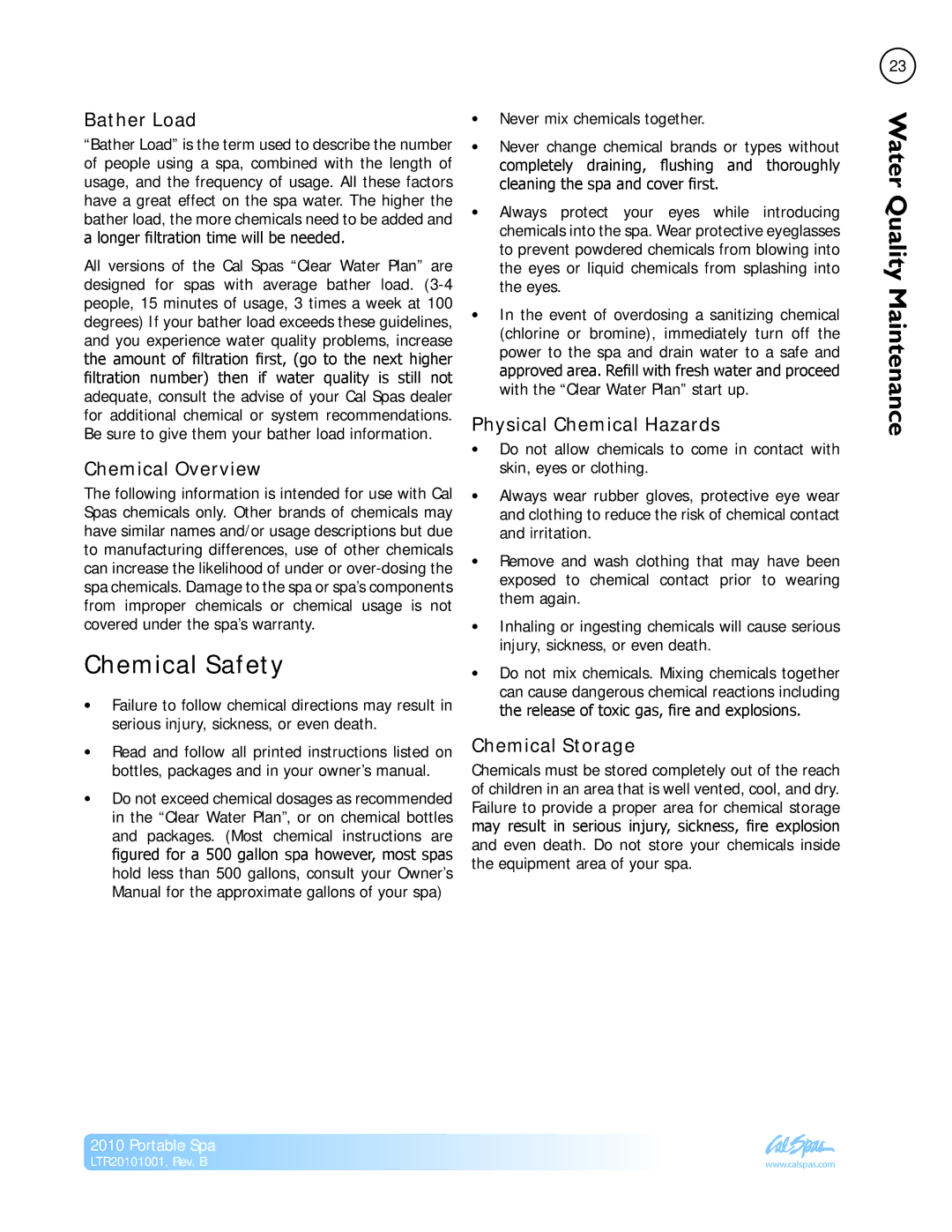 Cal Spas LTR20101001 manual Chemical Safety, Water Quality Maintenance 