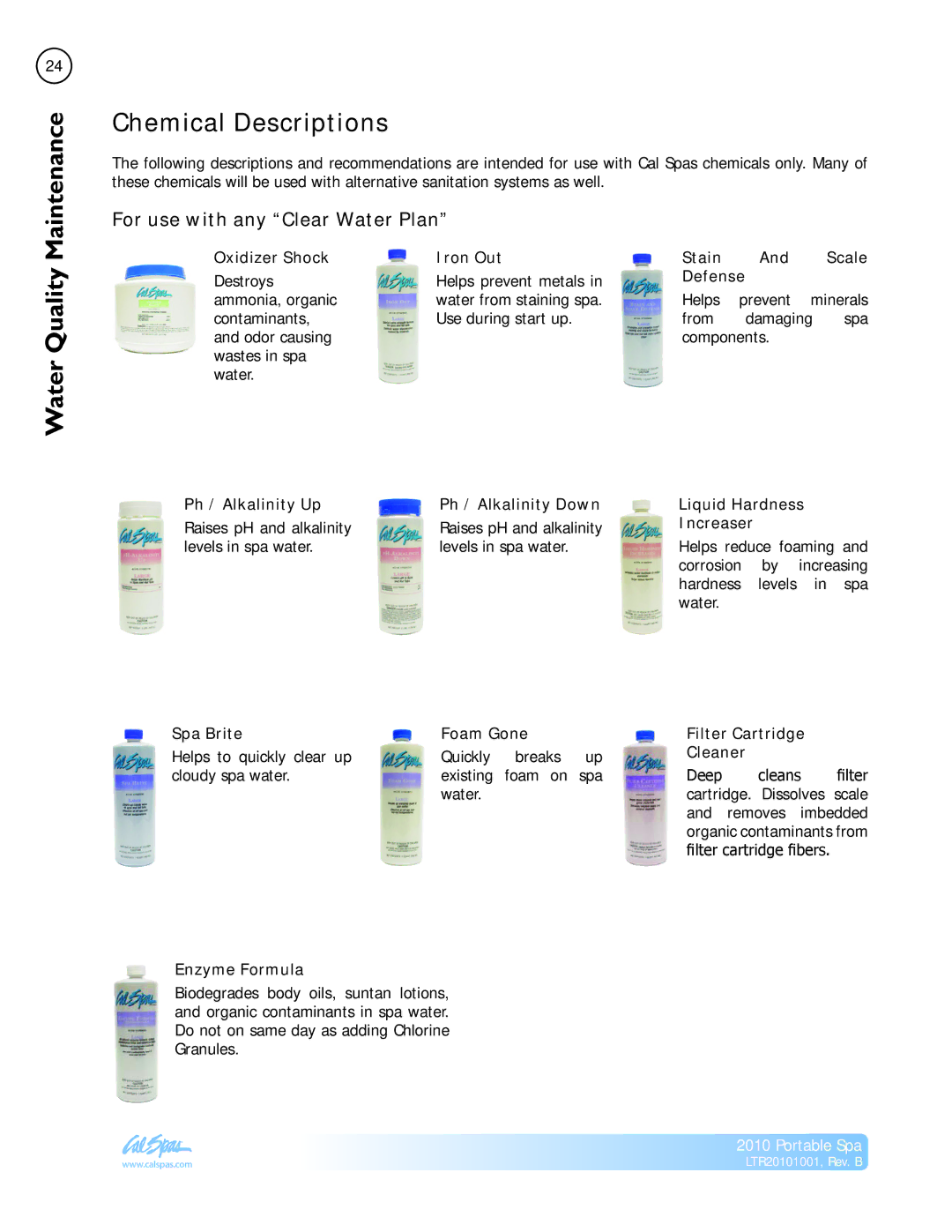 Cal Spas LTR20101001 manual Water MaintenanceQuality, Chemical Descriptions, For use with any Clear Water Plan 