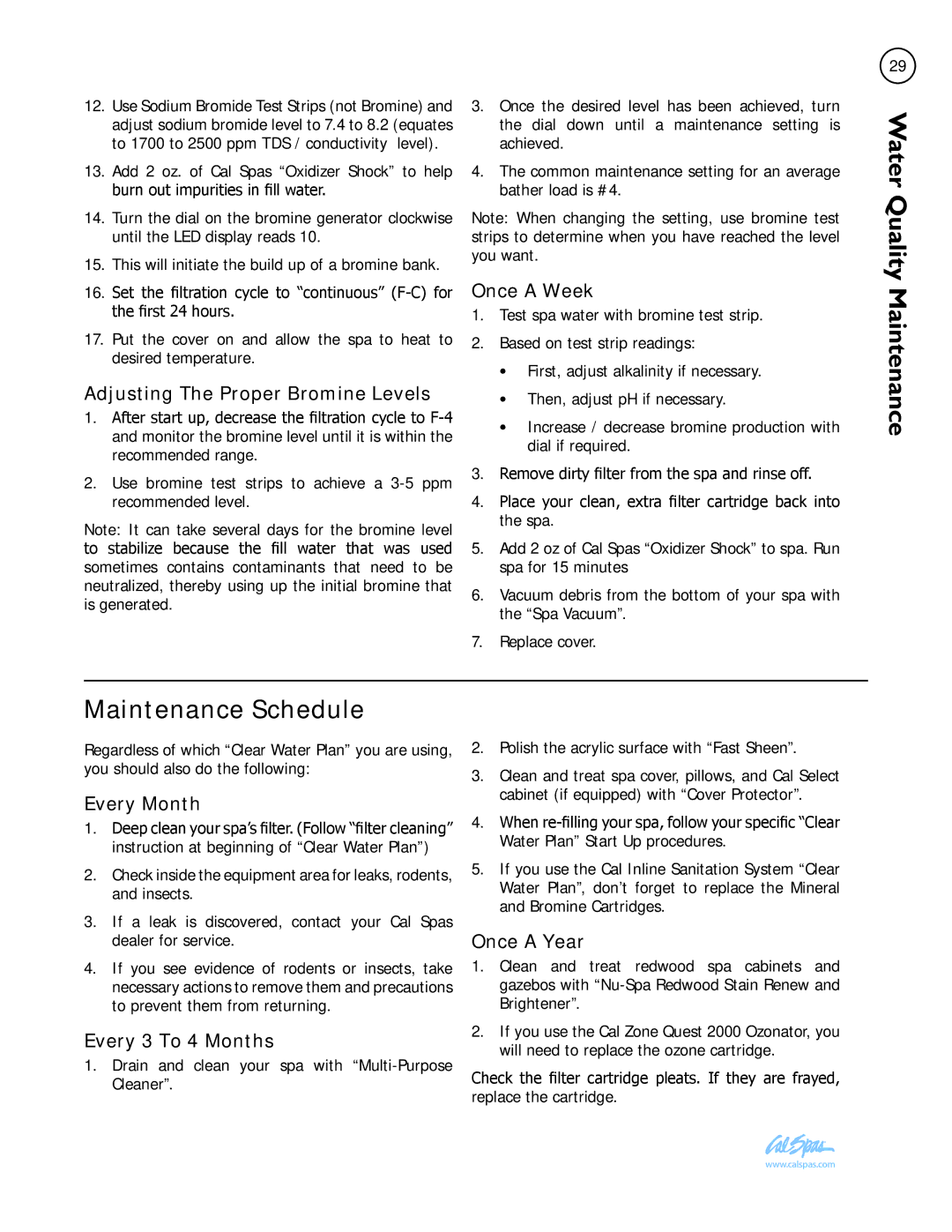 Cal Spas LTR20101001 manual Maintenance Schedule 