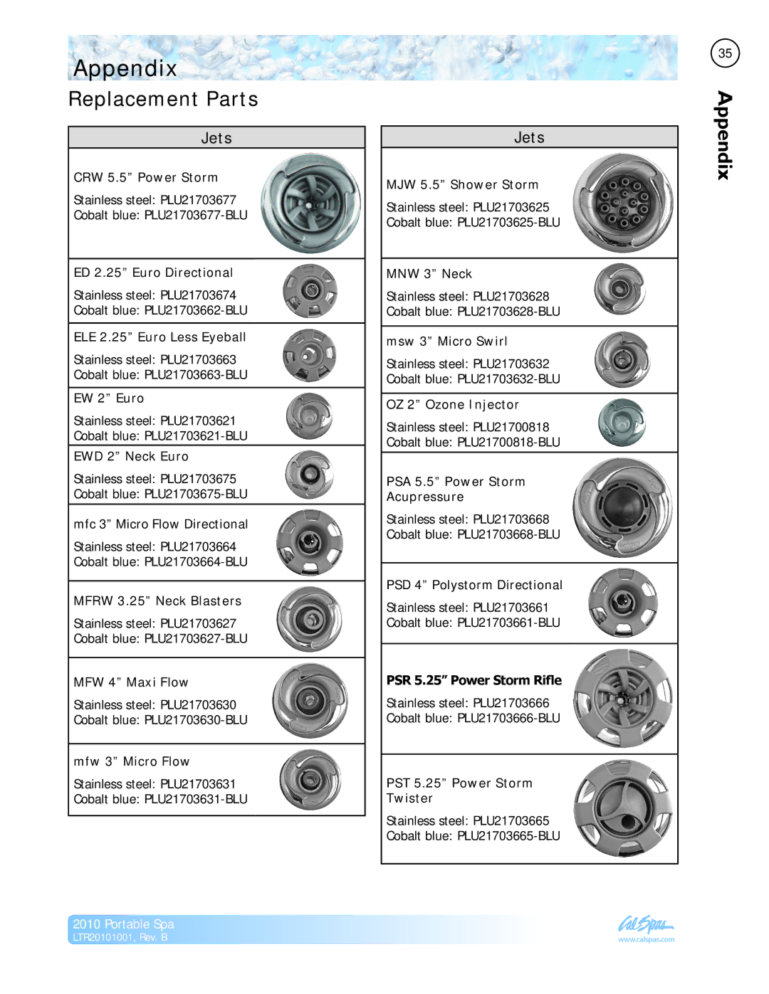 Cal Spas LTR20101001 manual Appendix, Replacement Parts 