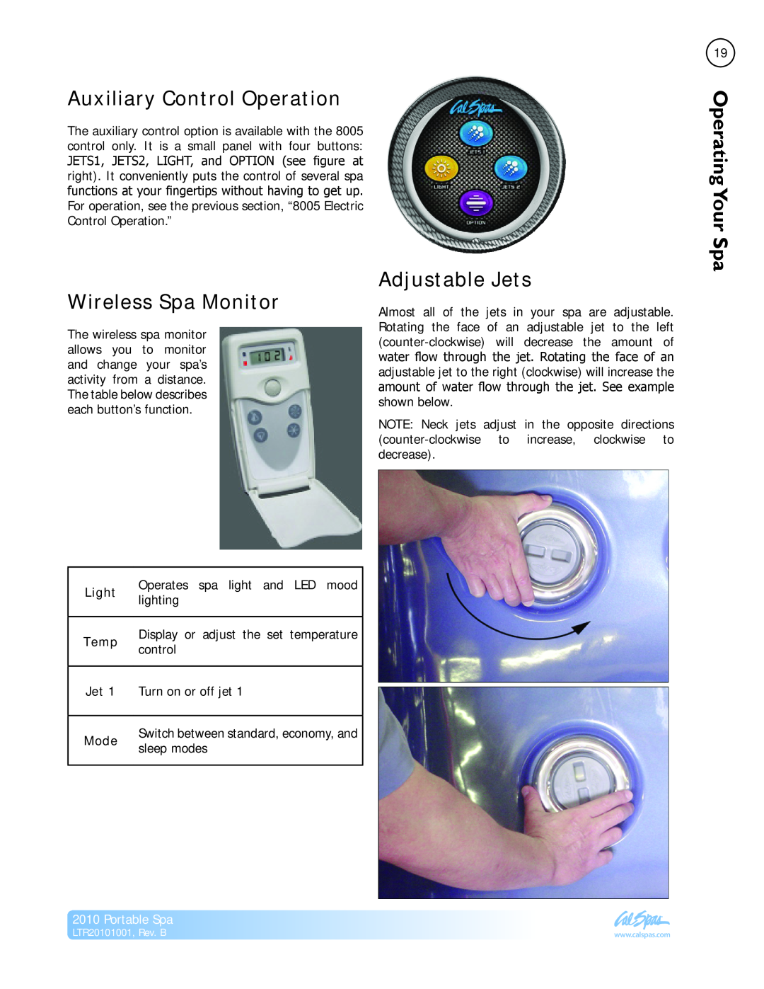 Cal Spas LTR20101001 manual Auxiliary Control Operation, Wireless Spa Monitor, Adjustable Jets, Portable Spa 