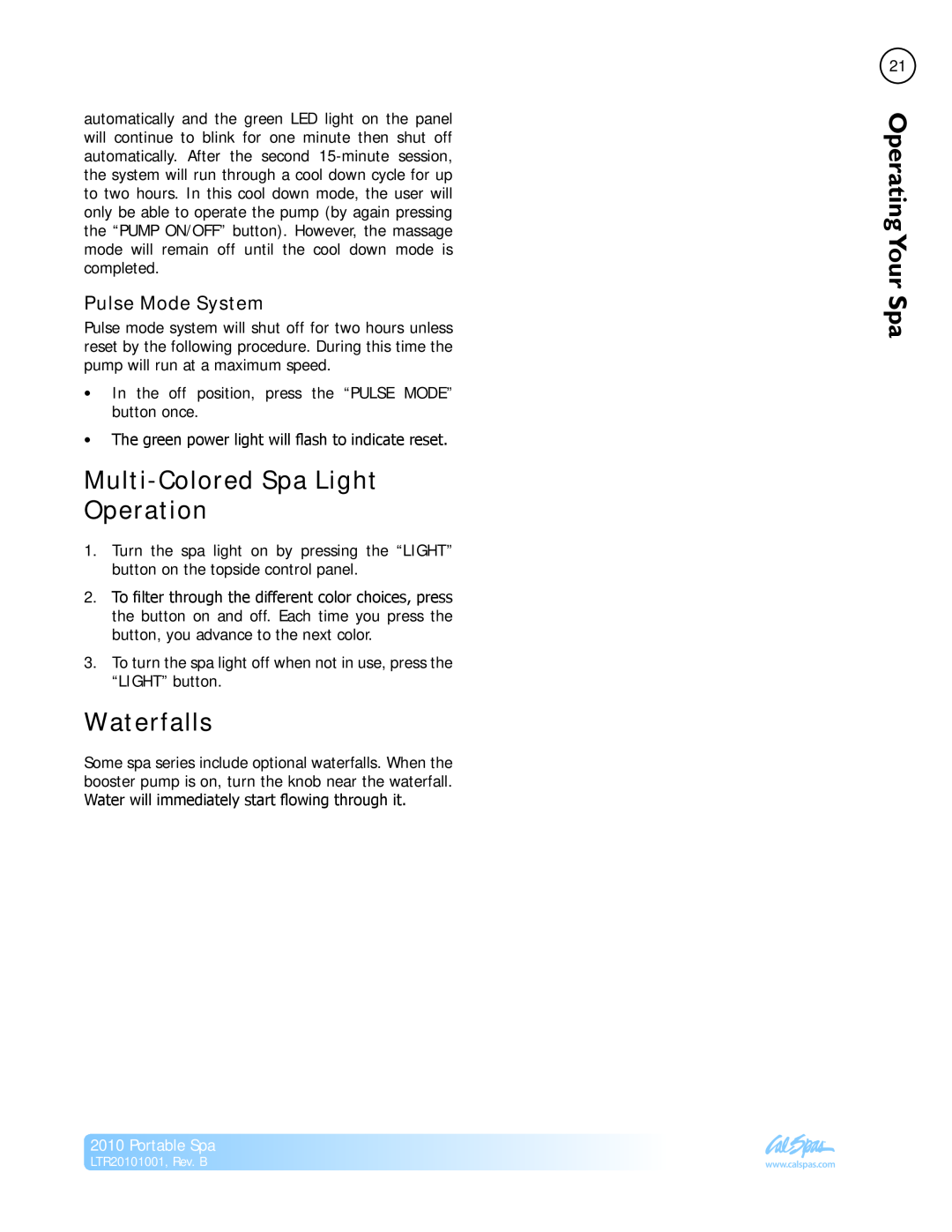 Cal Spas LTR20101001 manual Multi-ColoredSpa Light Operation, Waterfalls, Pulse Mode System, Portable Spa 
