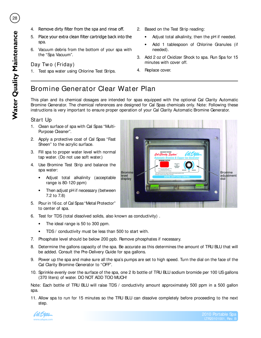 Cal Spas LTR20101001 manual Maintenance, Water Quality, Bromine Generator Clear Water Plan, Day Two Friday, Start Up 
