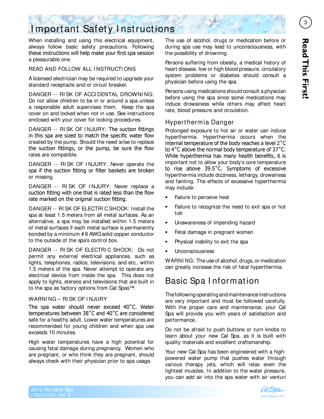 Cal Spas LTR20101001 manual Important Safety Instructions, Basic Spa Information, Read This First, Hyperthermia Danger 