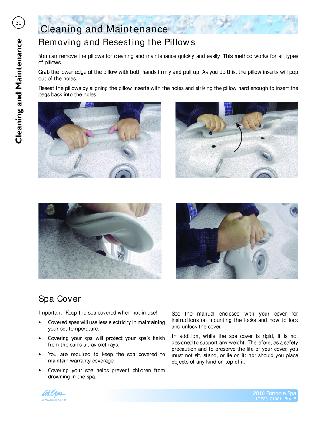 Cal Spas LTR20101001 manual Cleaning and Maintenance, Removing and Reseating the Pillows, Spa Cover, Portable Spa 