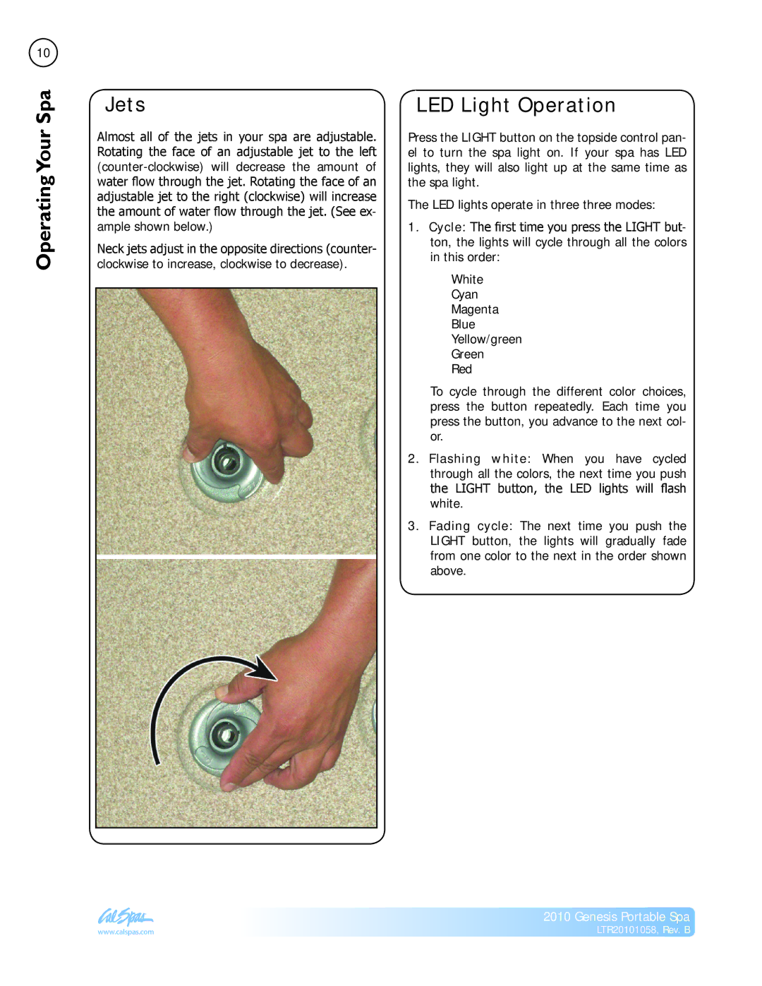 Cal Spas LTR20101058 manual Jets, LED Light Operation 