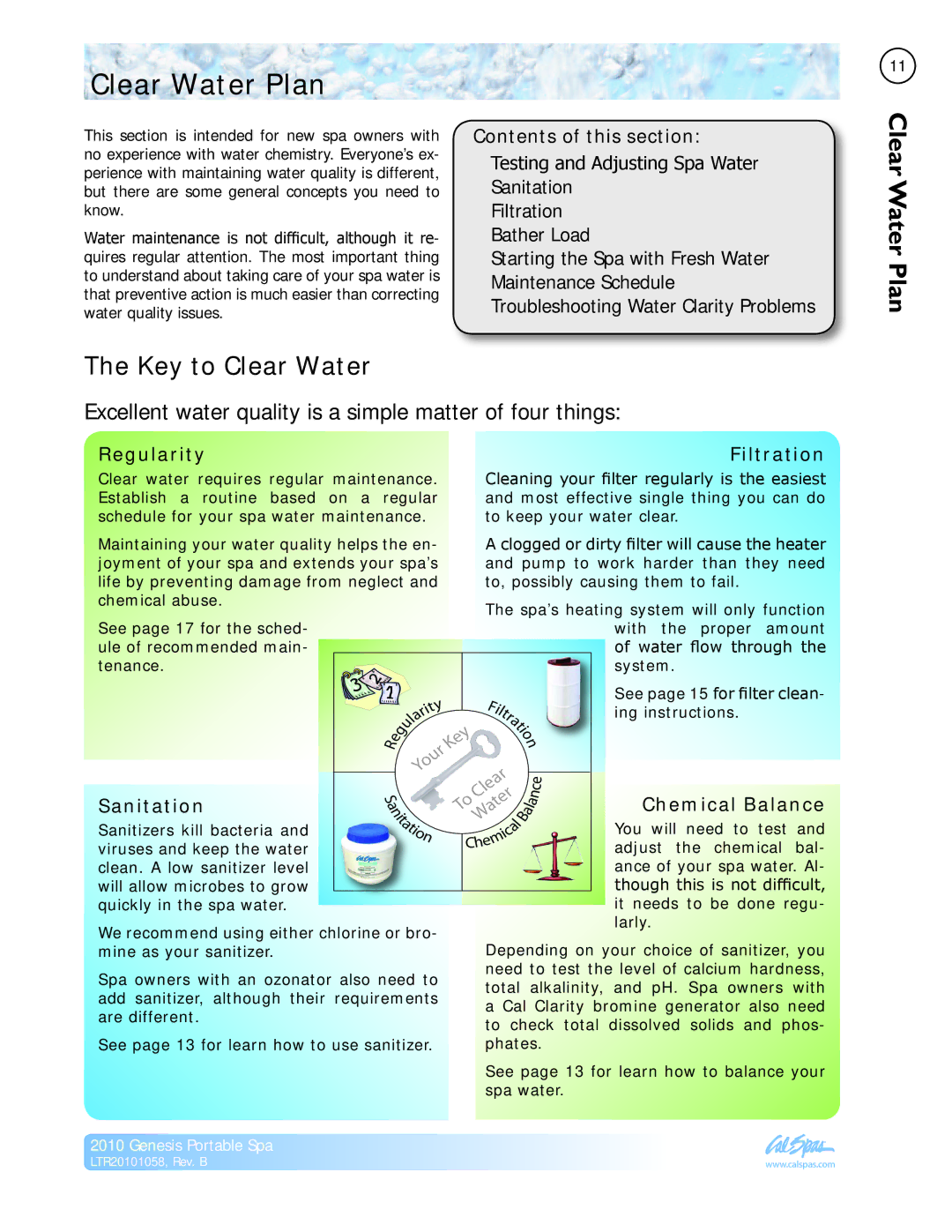 Cal Spas LTR20101058 manual Clear Water Plan, Key to Clear Water, Contents of this section 