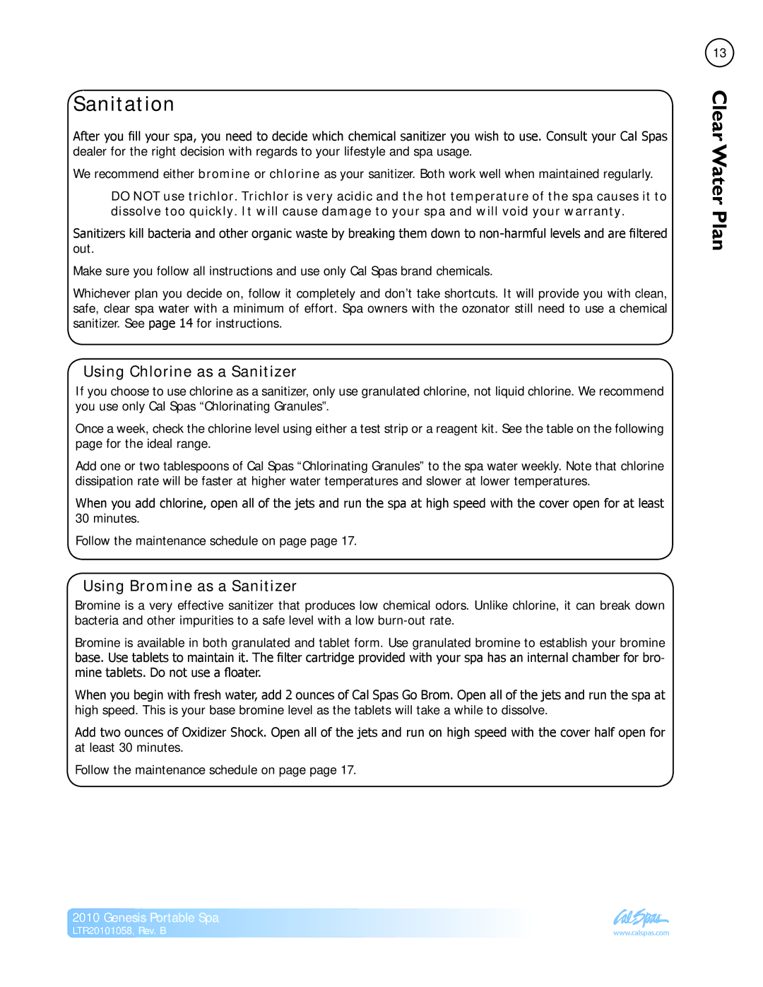 Cal Spas LTR20101058 manual Sanitation, Using Chlorine as a Sanitizer, Using Bromine as a Sanitizer 