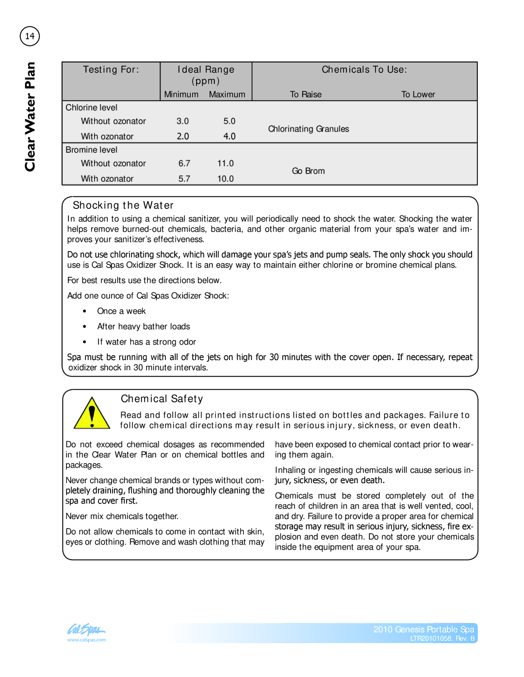 Cal Spas LTR20101058 manual Shocking the Water, Chemical Safety 