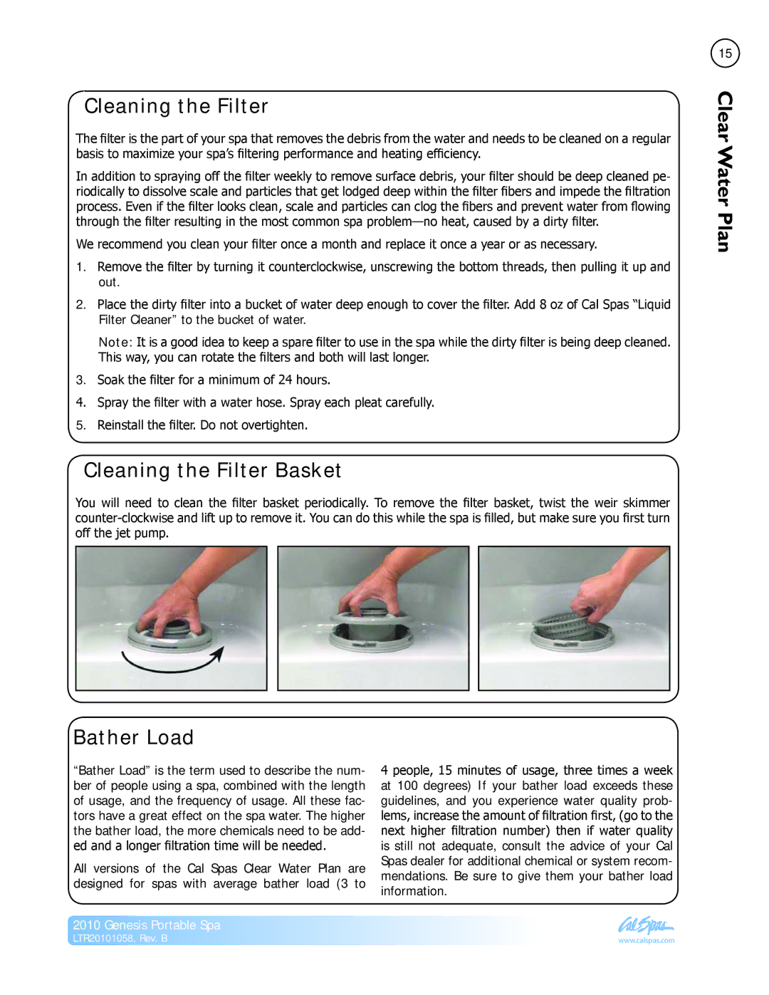 Cal Spas LTR20101058 manual Cleaning the Filter Basket, Bather Load 