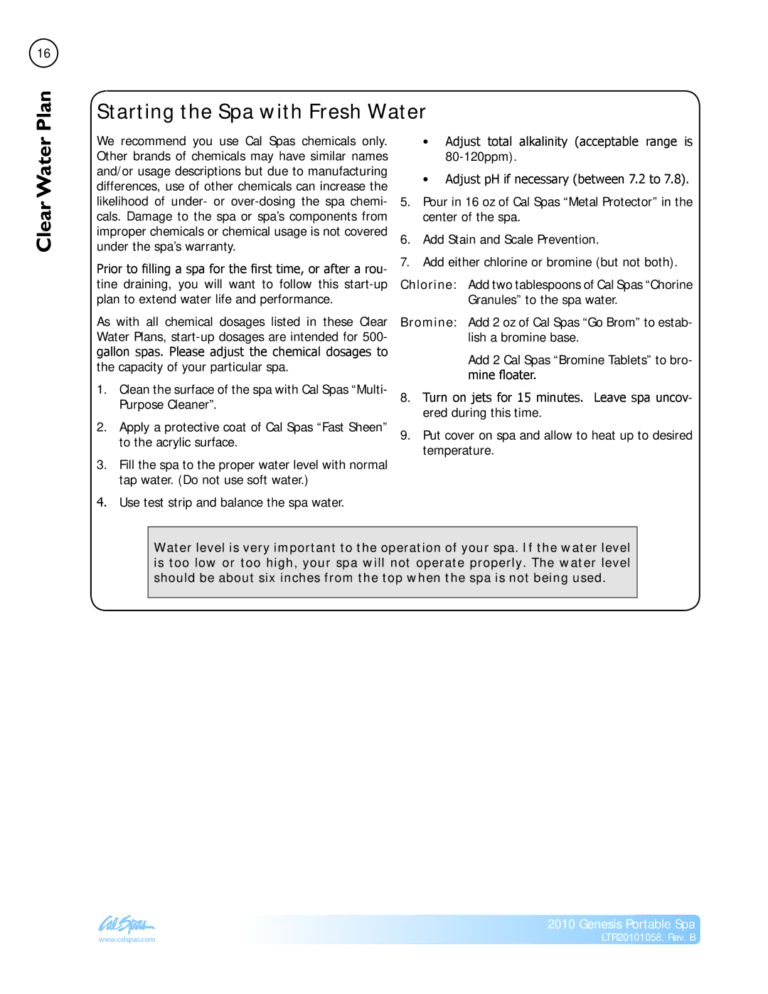 Cal Spas LTR20101058 manual Plan, Starting the Spa with Fresh Water, Clear Water 