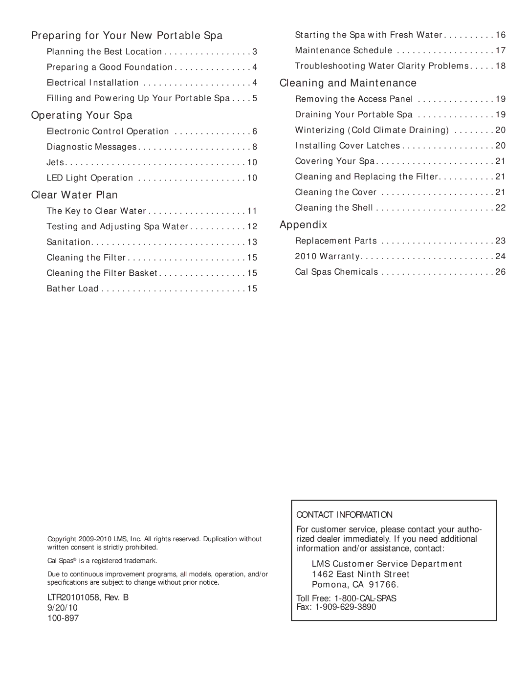 Cal Spas LTR20101058 Preparing for Your New Portable Spa, Cleaning and Maintenance, Operating Your Spa, Clear Water Plan 