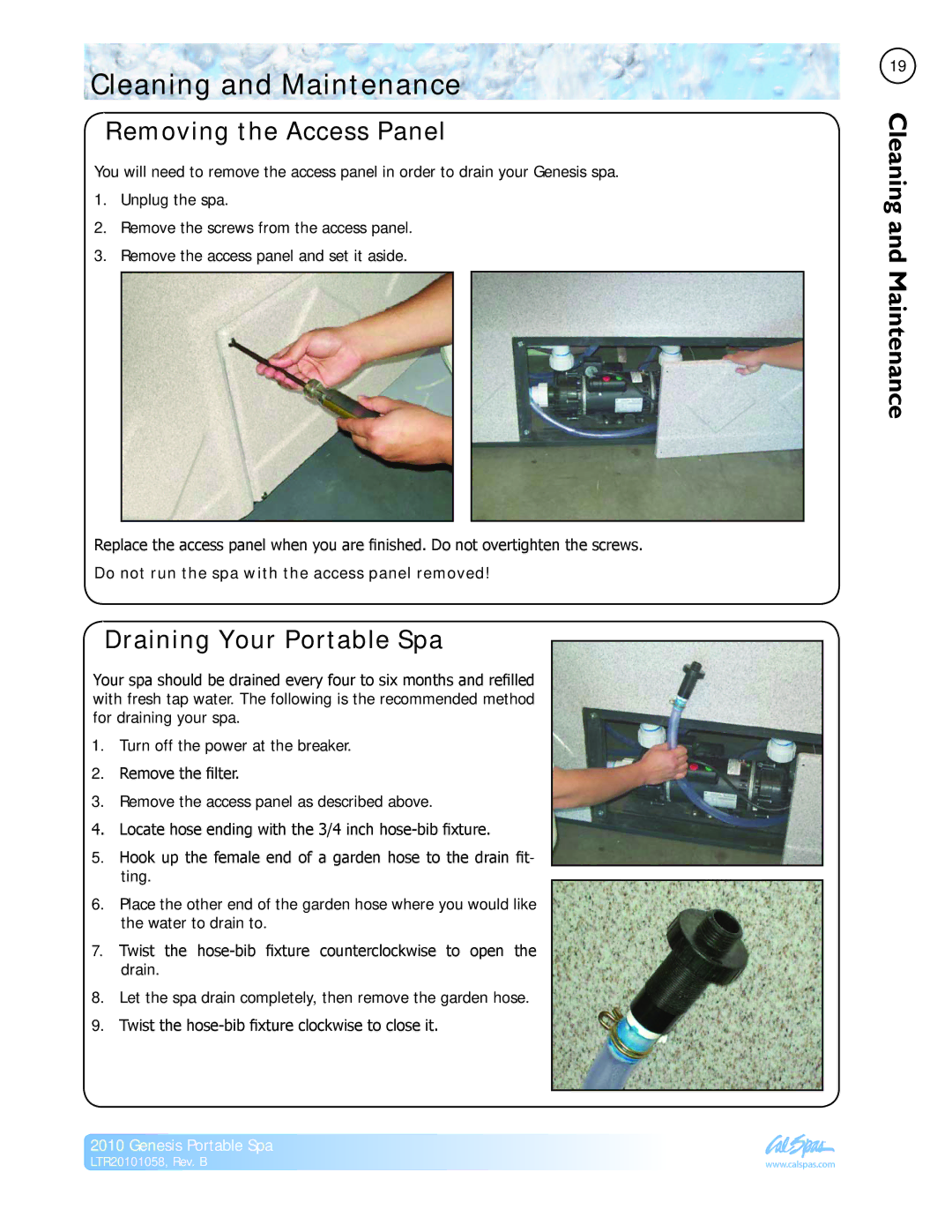 Cal Spas LTR20101058 manual Cleaning and Maintenance, Removing the Access Panel, Draining Your Portable Spa 