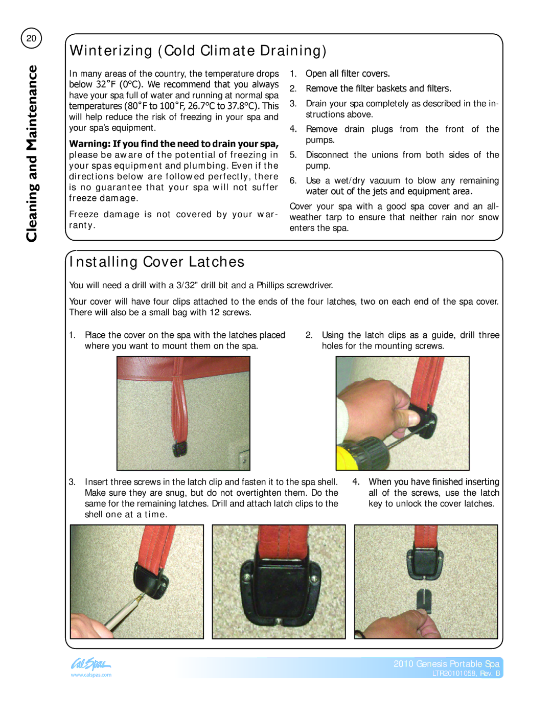 Cal Spas LTR20101058 manual Winterizing Cold Climate Draining, Cleaning and Maintenance, Installing Cover Latches 