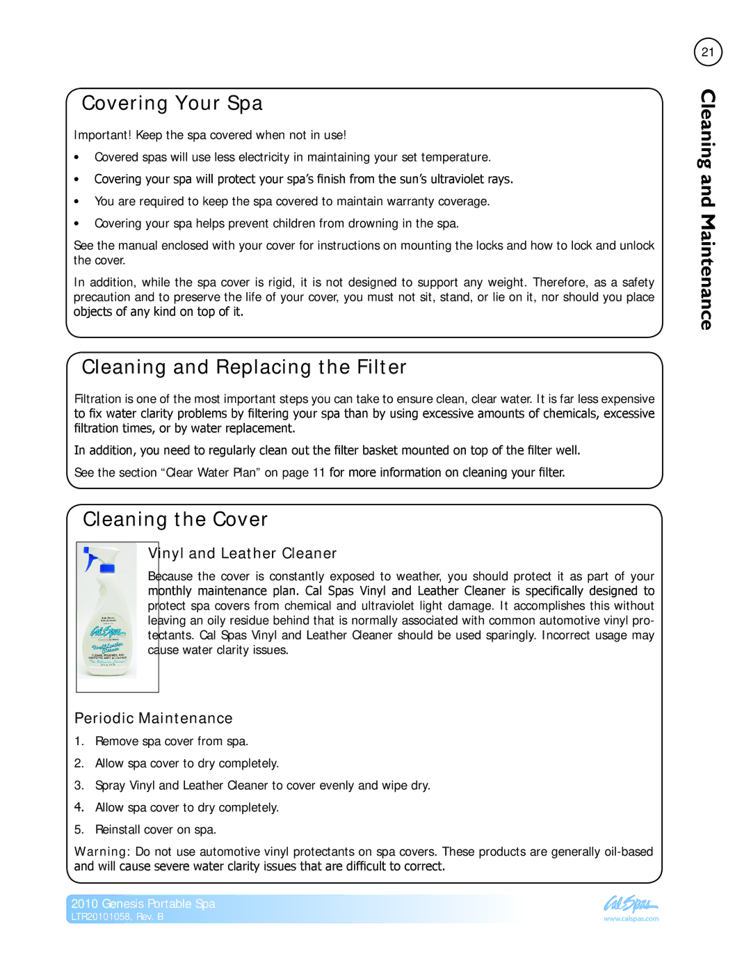 Cal Spas LTR20101058 Covering Your Spa, Cleaning and Replacing the Filter, Cleaning the Cover, Vinyl and Leather Cleaner 