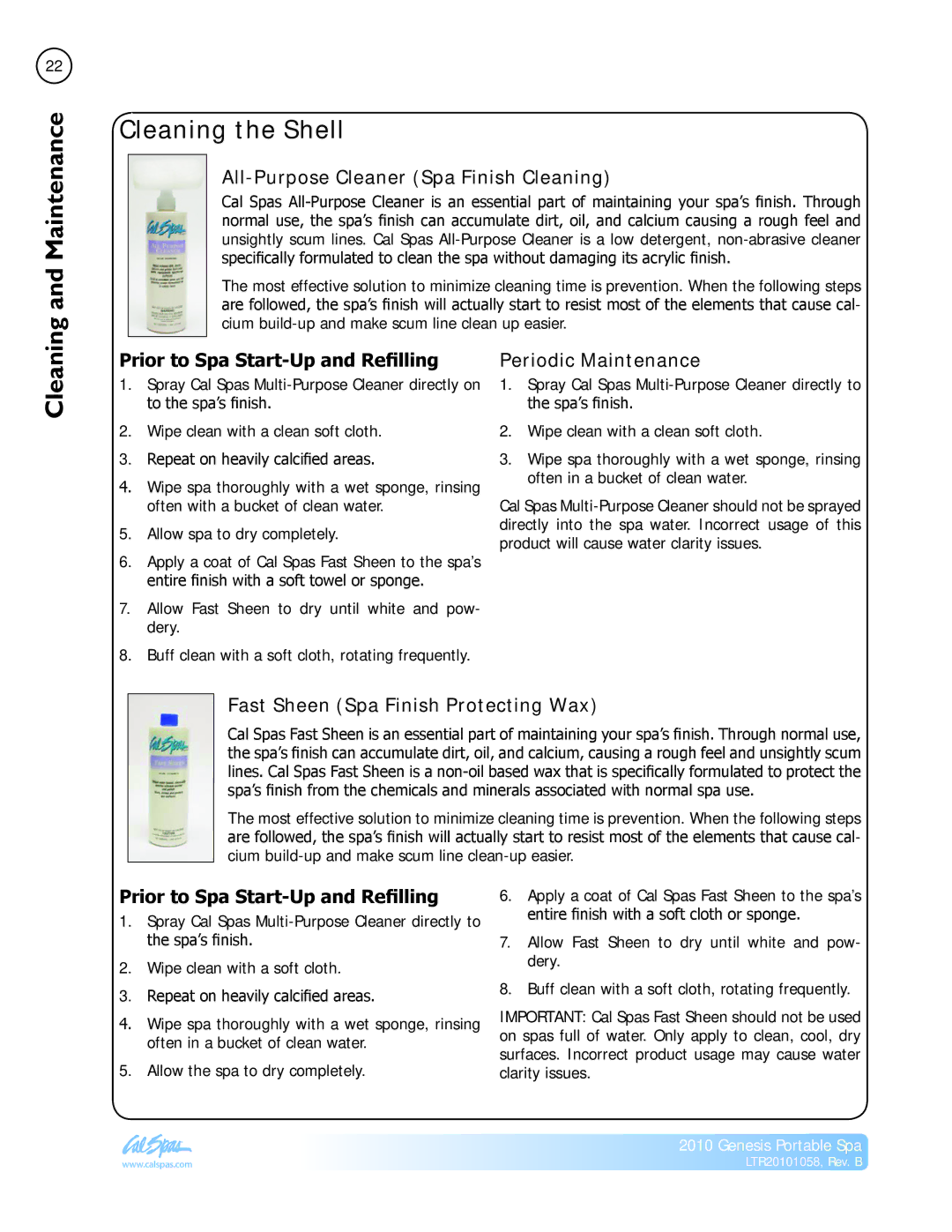 Cal Spas LTR20101058 Cleaning the Shell, All-Purpose Cleaner Spa Finish Cleaning, Prior to Spa Start-Up and Refilling 