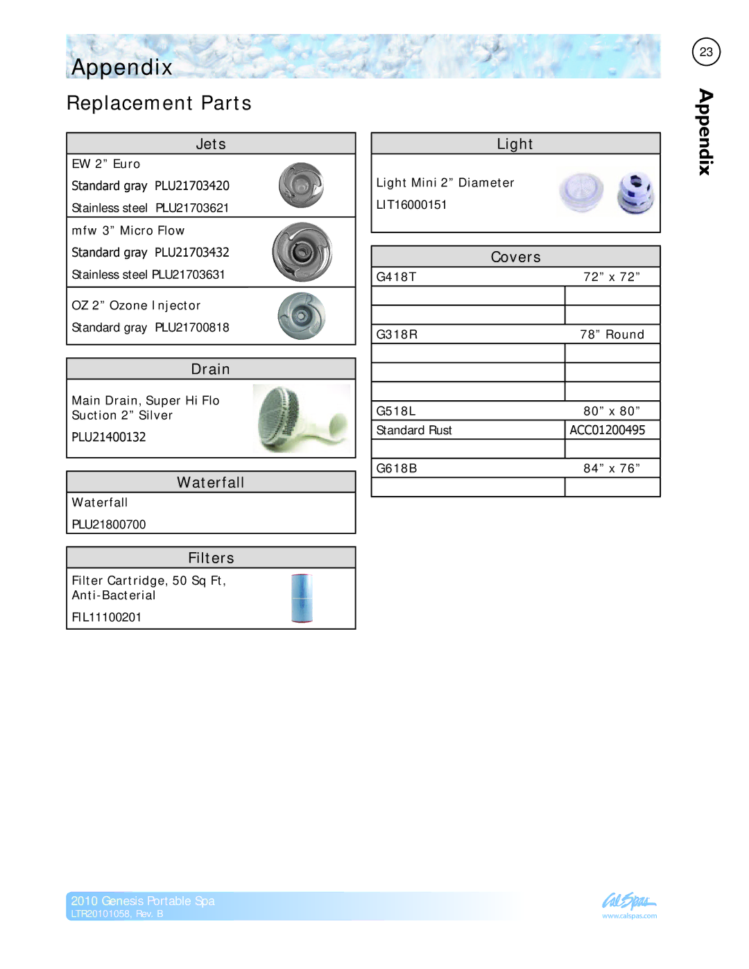 Cal Spas LTR20101058 manual Appendix, Replacement Parts 