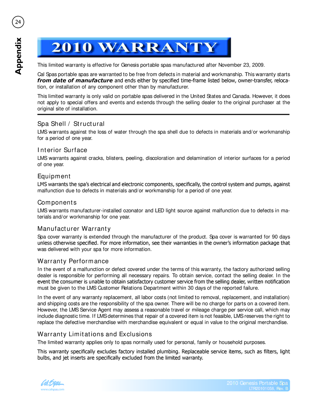 Cal Spas LTR20101058 manual Warranty 