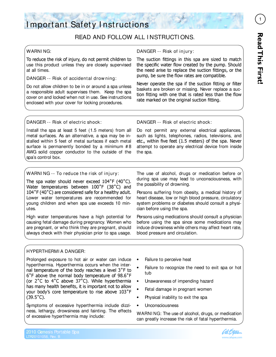 Cal Spas LTR20101058 manual Important Safety Instructions, This First 