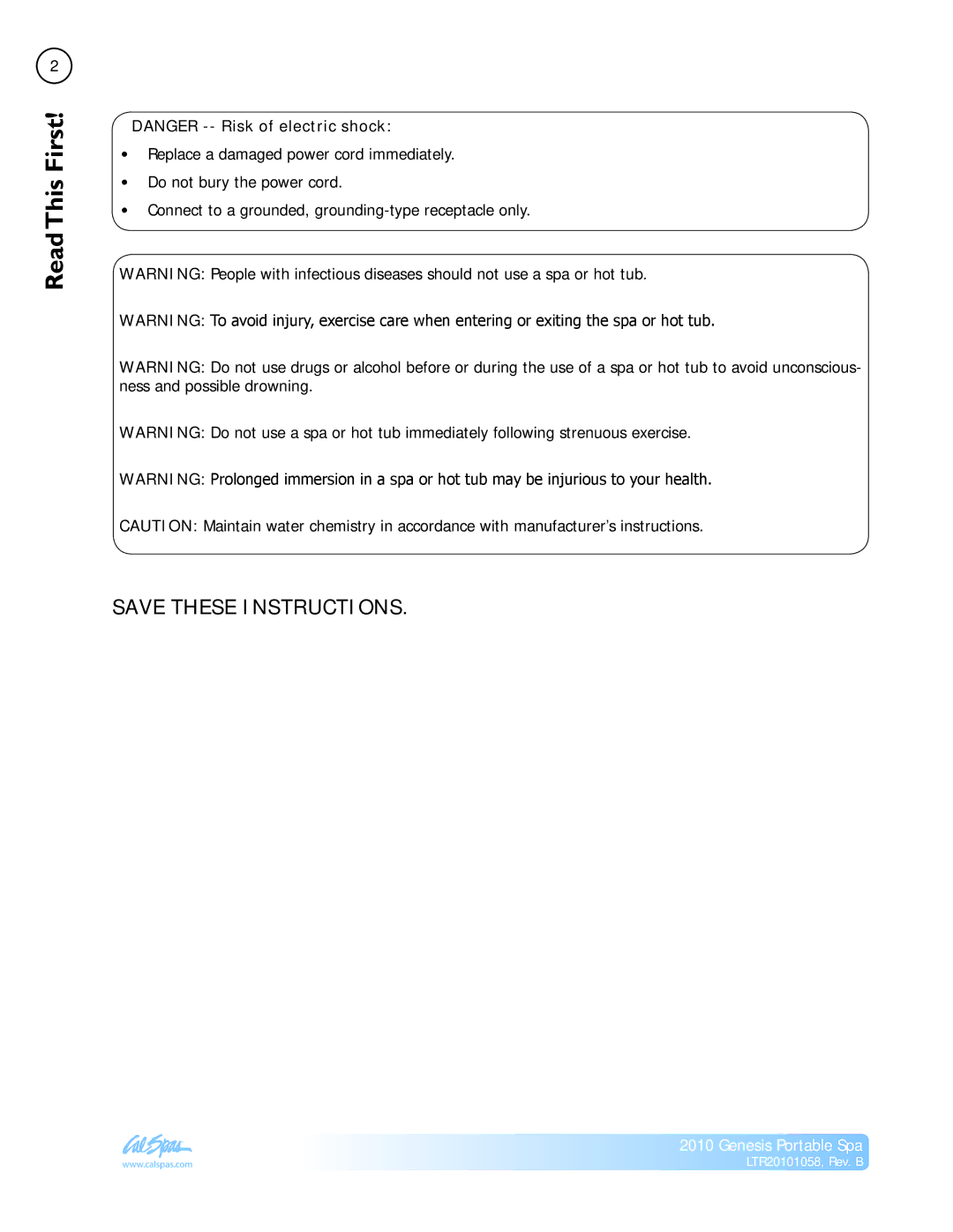 Cal Spas LTR20101058 manual Read First!This 