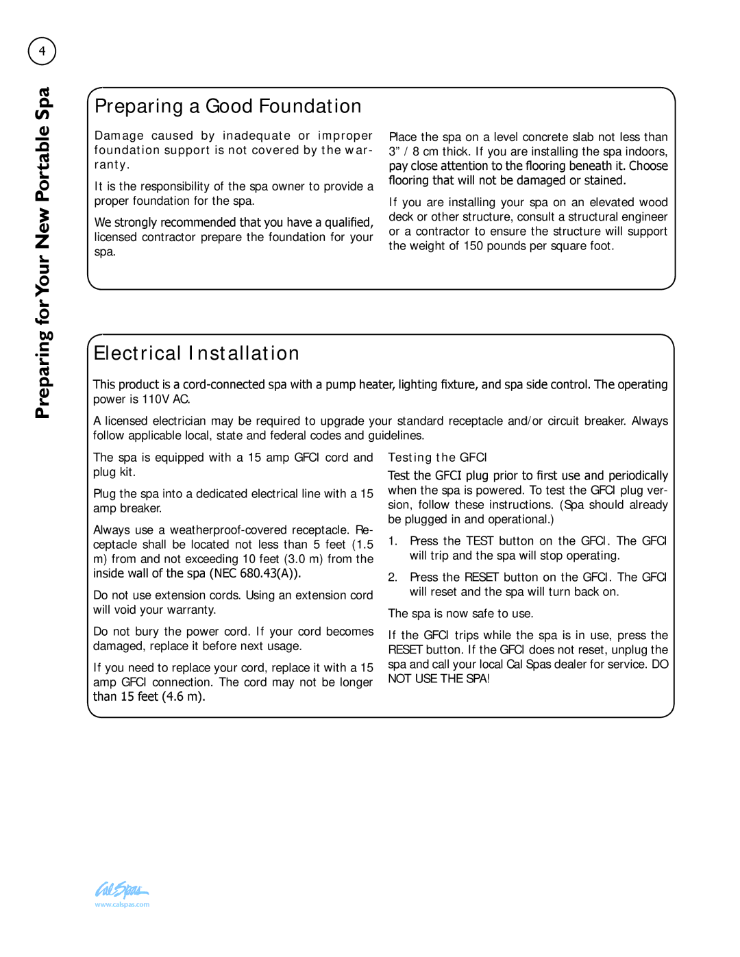 Cal Spas LTR20101058 manual NewYour SpaPortable, Preparing a Good Foundation, ForPreparing, Electrical Installation 