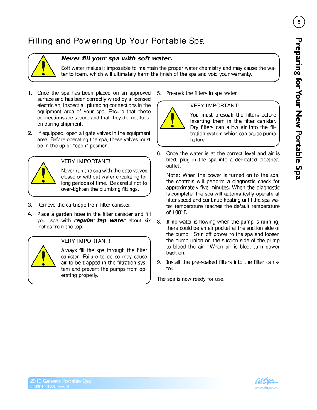Cal Spas LTR20101058 manual Filling and Powering Up Your Portable Spa, Your New Portable Spa 