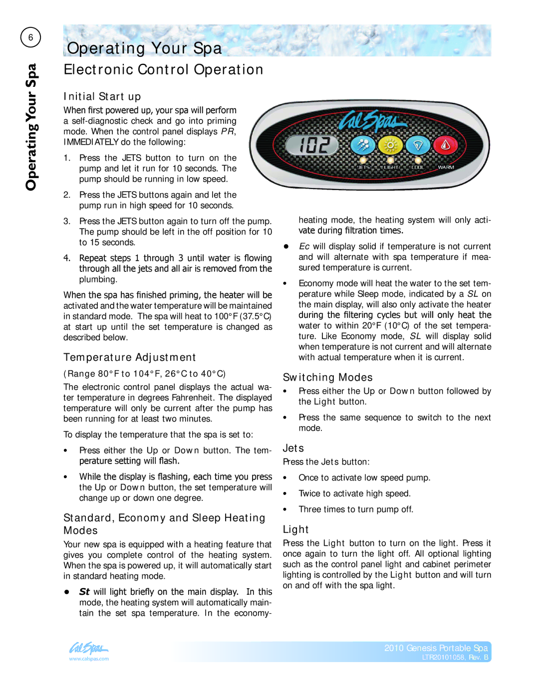 Cal Spas LTR20101058 manual Operating Your Spa, Operating SpaYour, Electronic Control Operation 