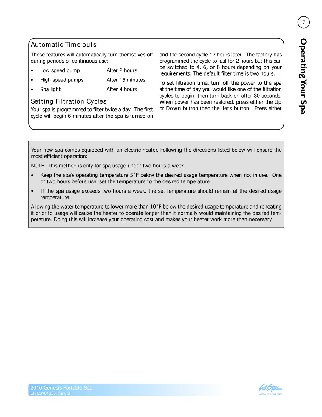 Cal Spas LTR20101058 manual Spa, Automatic Time outs, Setting Filtration Cycles 