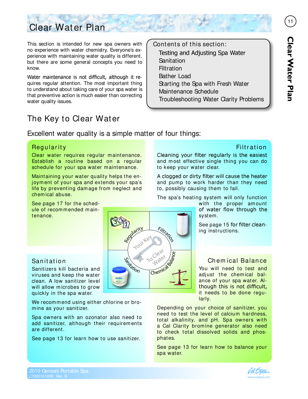 Cal Spas LTR20101058 manual Clear Water Plan, The Key to Clear Water 