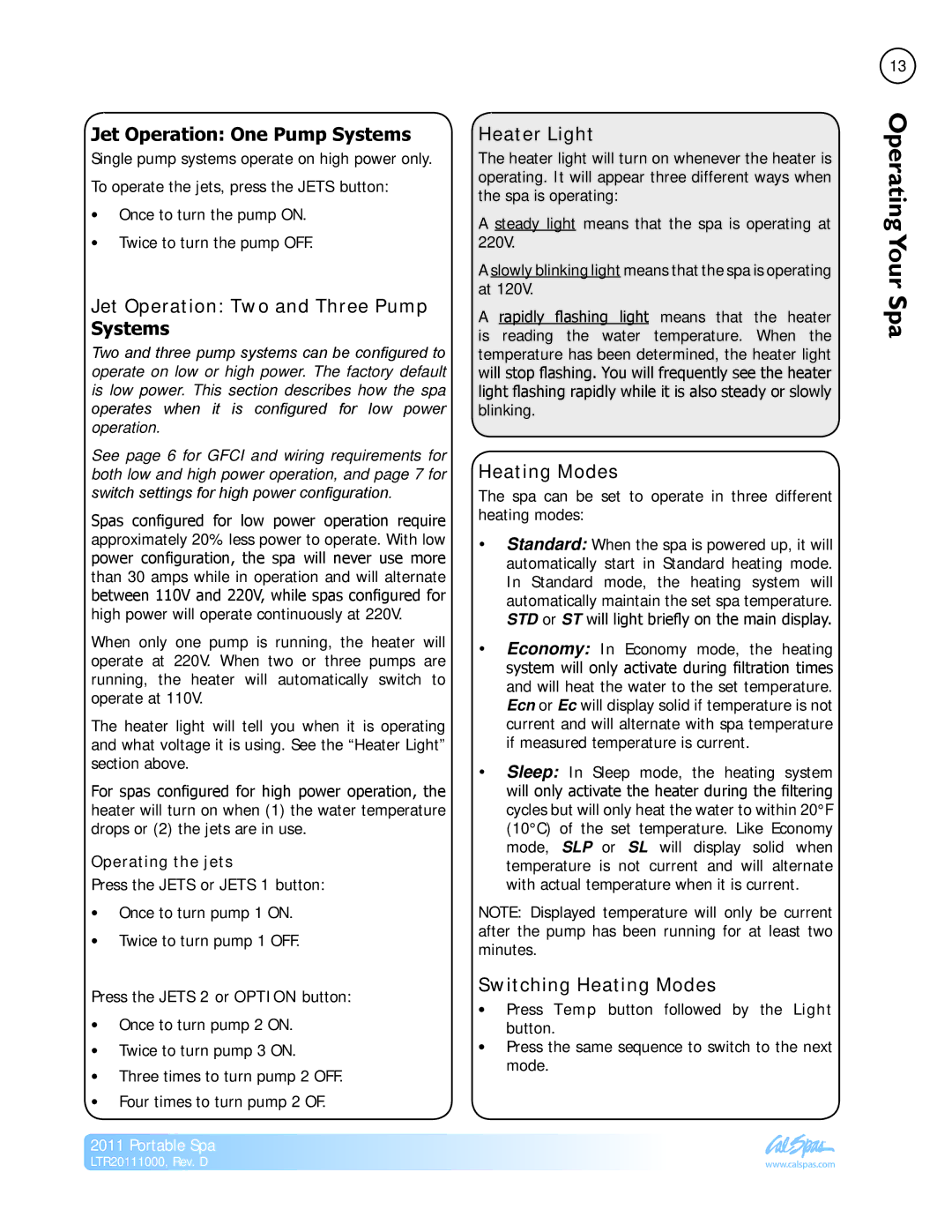 Cal Spas LTR20111000 Jet Operation One Pump Systems, Jet Operation Two and Three Pump Systems, Heater Light, Heating Modes 