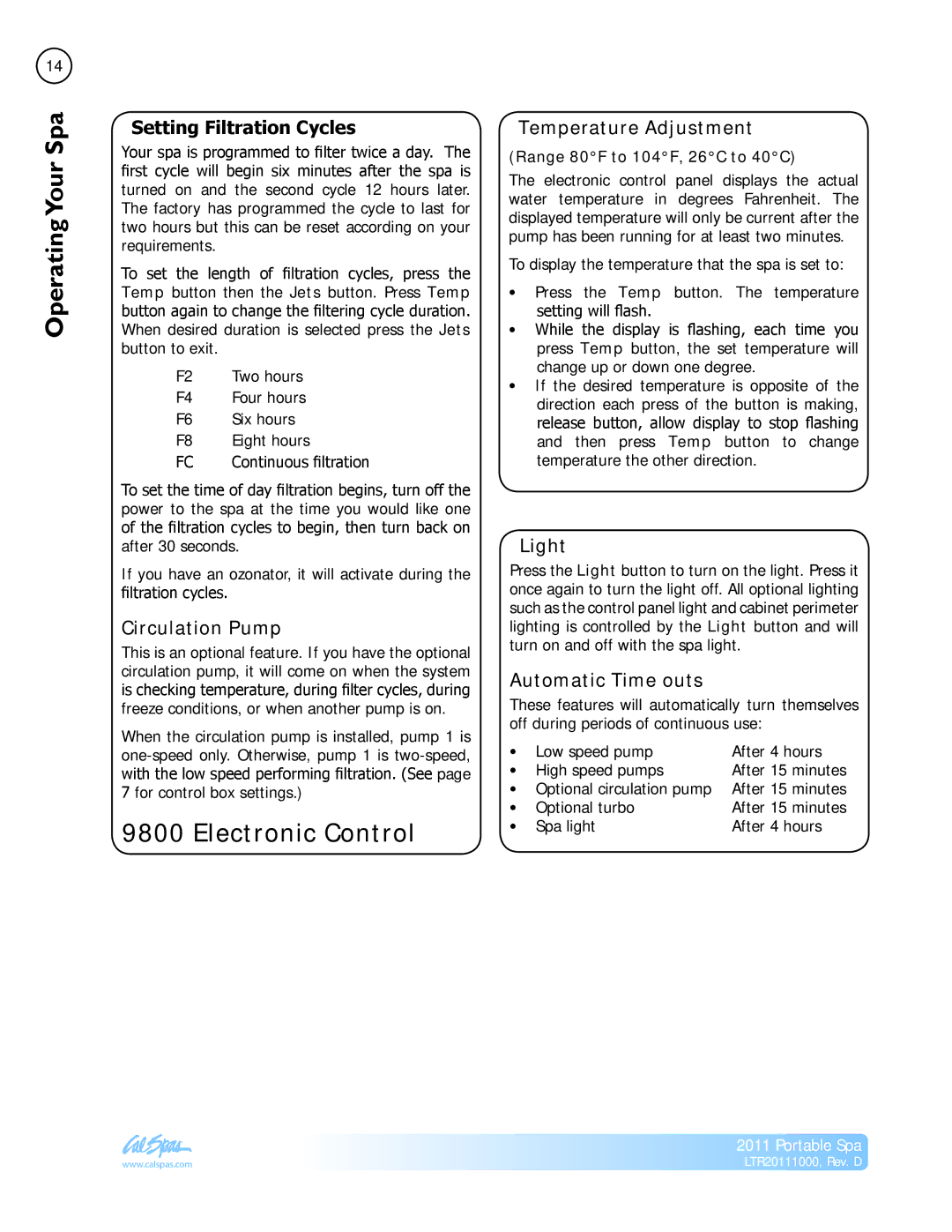 Cal Spas LTR20111000 manual Electronic Control 