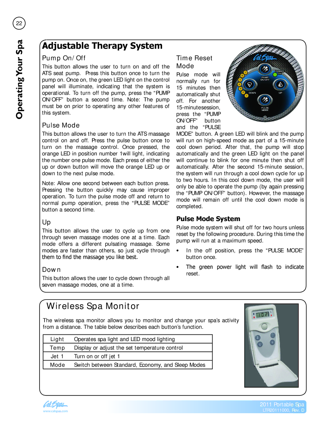 Cal Spas LTR20111000 manual Adjustable Therapy System, Wireless Spa Monitor 