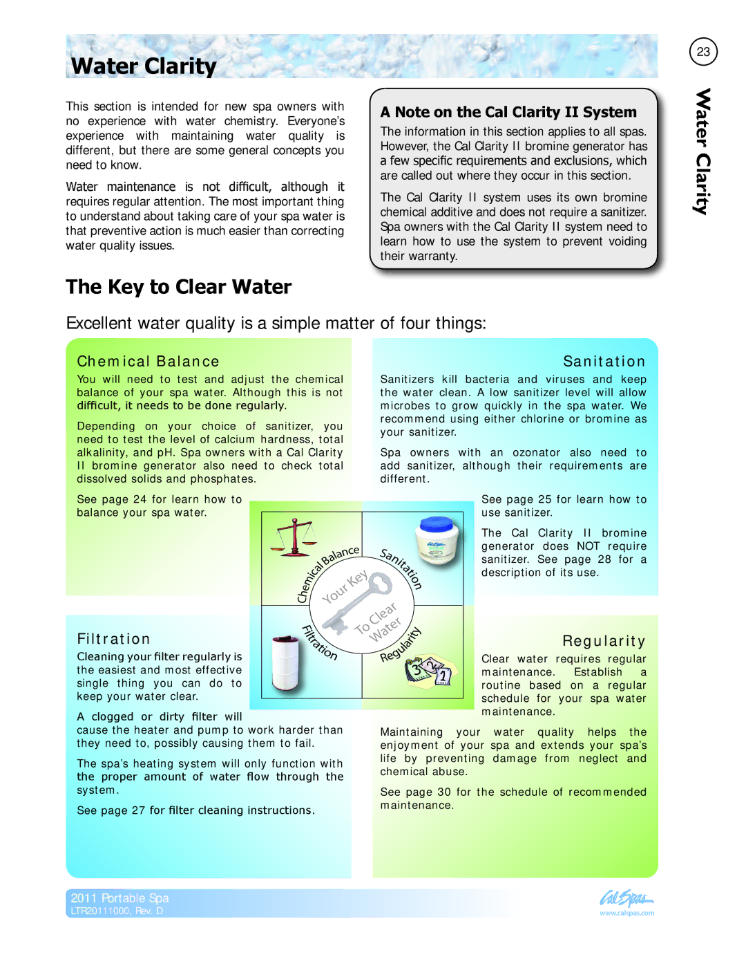 Cal Spas LTR20111000 manual Water Clarity, Key to Clear Water 