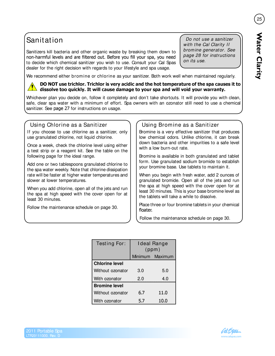 Cal Spas LTR20111000 manual Sanitation, Using Chlorine as a Sanitizer 