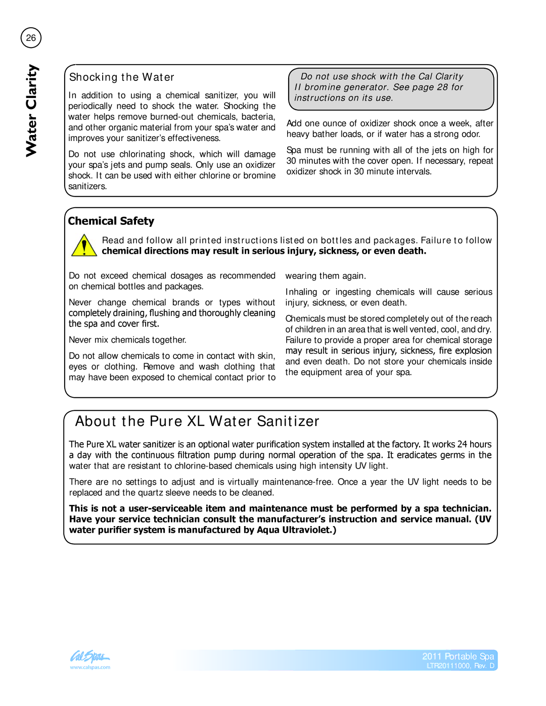 Cal Spas LTR20111000 manual About the Pure XL Water Sanitizer, Shocking the Water, Chemical Safety 