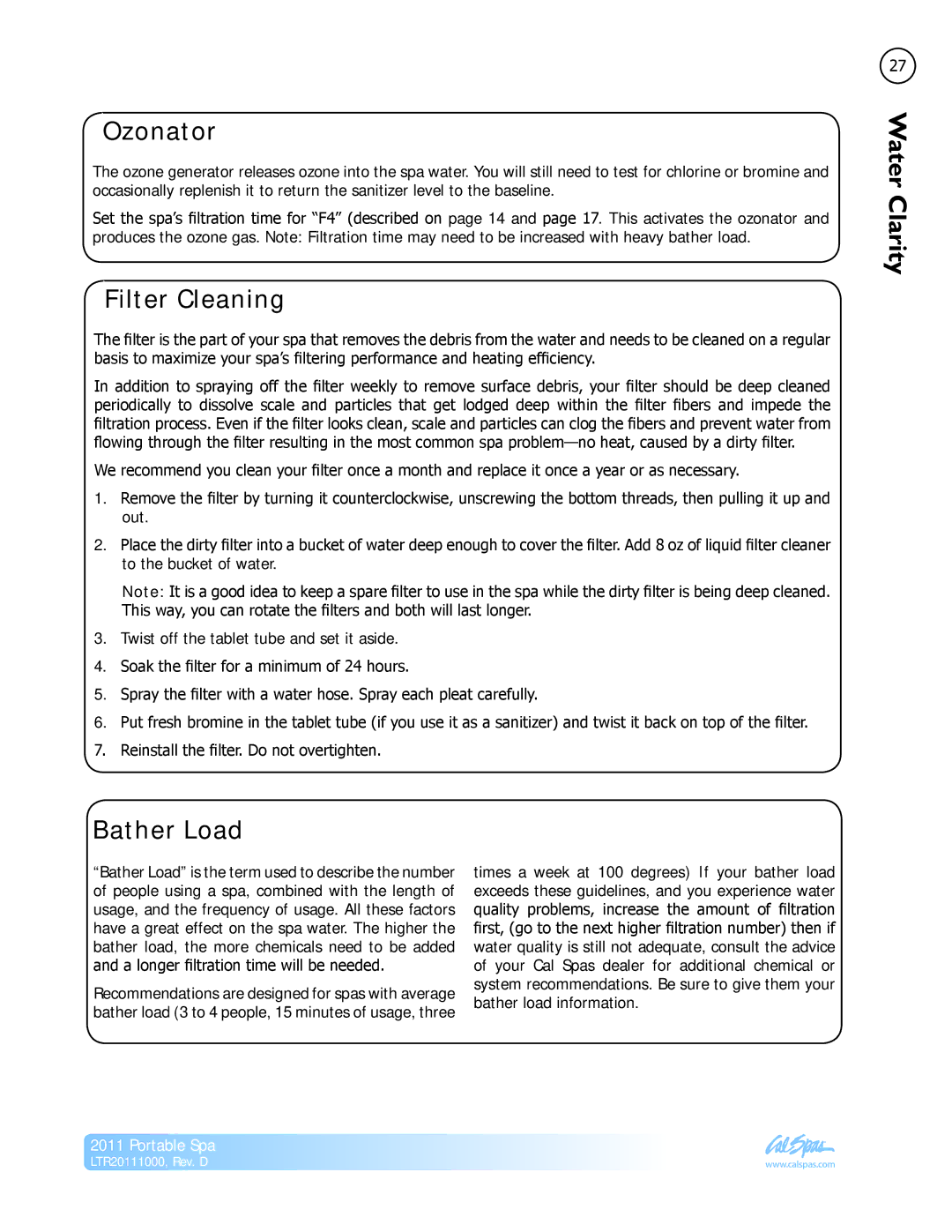 Cal Spas LTR20111000 manual Ozonator, Filter Cleaning, Bather Load 