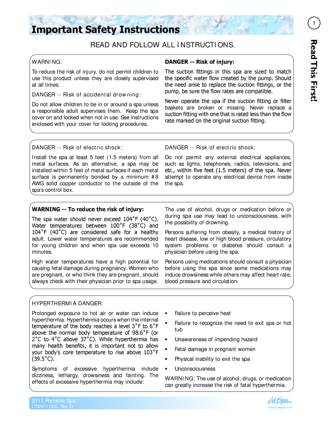 Cal Spas LTR20111000 manual Important Safety Instructions, This First 