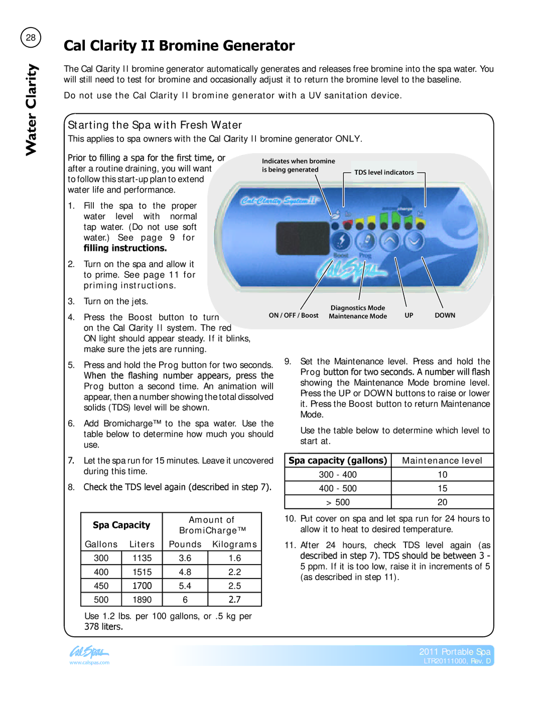 Cal Spas LTR20111000 manual Cal Clarity II Bromine Generator, Starting the Spa with Fresh Water 