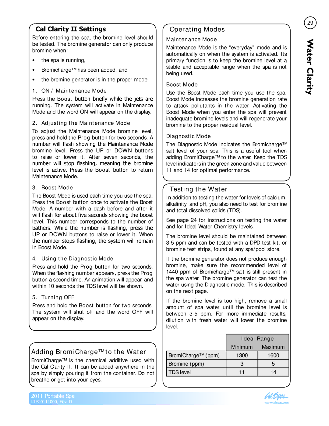 Cal Spas LTR20111000 manual Cal Clarity II Settings, Adding BromiCharge to the Water, Operating Modes, Testing the Water 