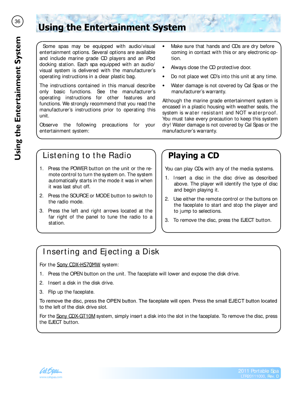 Cal Spas LTR20111000 Using the Entertainment System, Listening to the Radio, Playing a CD, Inserting and Ejecting a Disk 