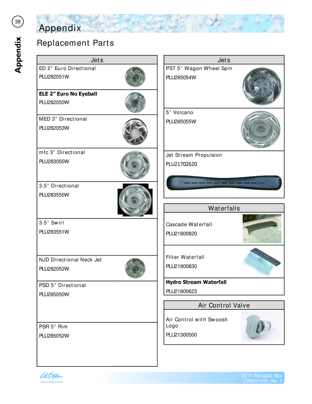 Cal Spas LTR20111000 manual Appendix, Replacement Parts, Waterfalls, Air Control Valve 