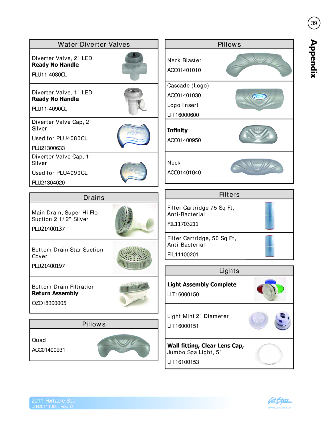 Cal Spas LTR20111000 manual Water Diverter Valves, Drains, Pillows, Filters, Lights 