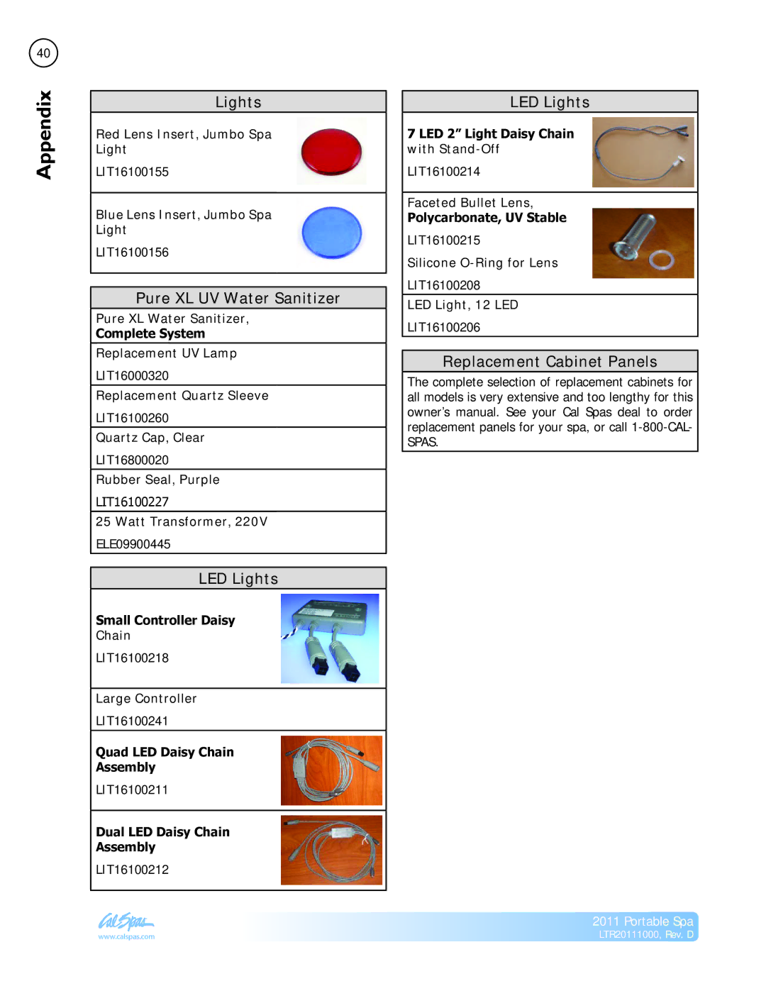 Cal Spas LTR20111000 manual Pure XL UV Water Sanitizer, LED Lights, Replacement Cabinet Panels 