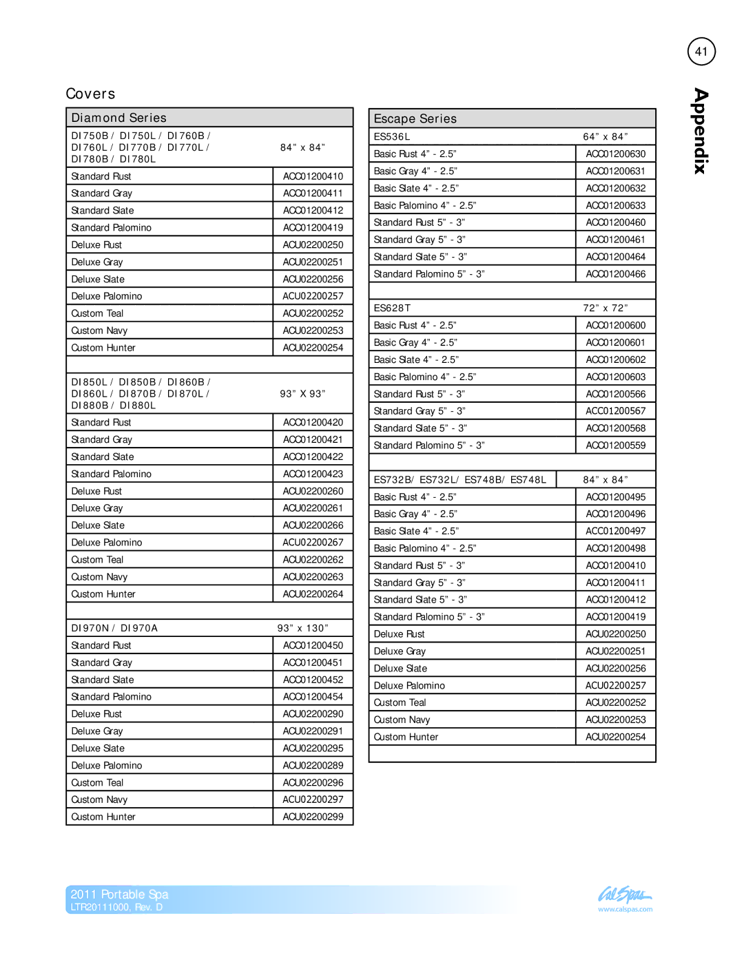 Cal Spas LTR20111000 manual Covers, Diamond Series, Escape Series 