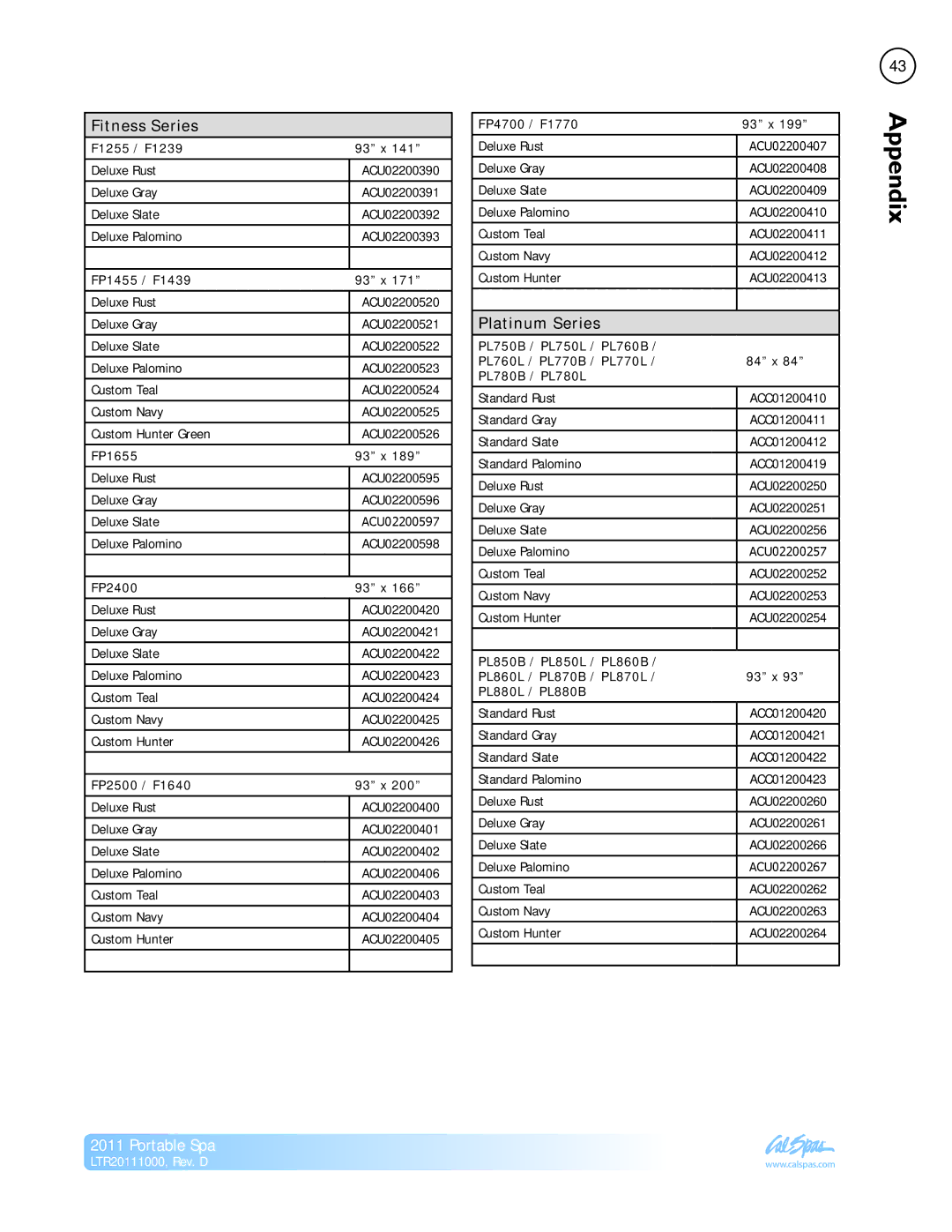 Cal Spas LTR20111000 manual Fitness Series, Platinum Series 