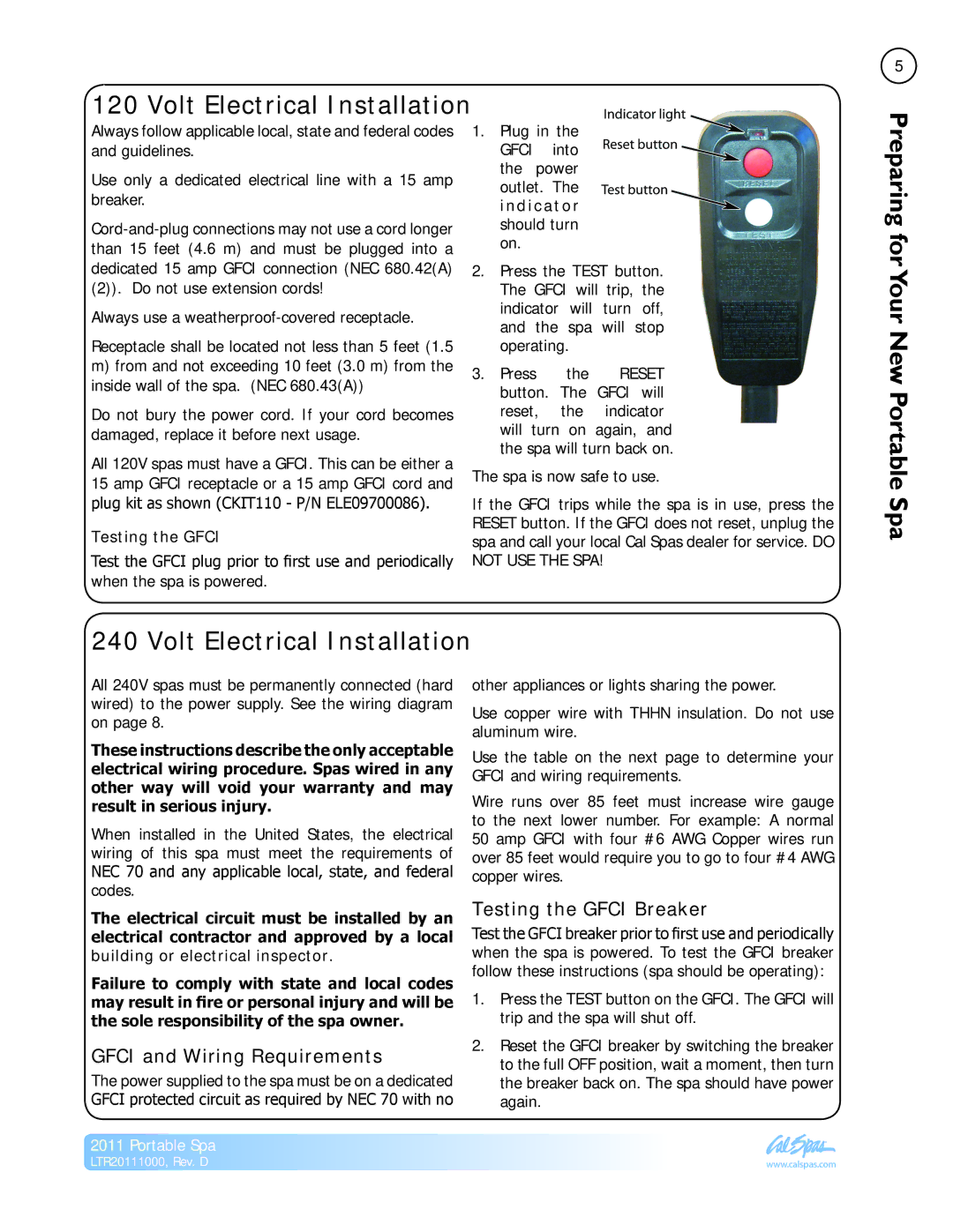 Cal Spas LTR20111000 Volt Electrical Installation, Your New Portable Spa, Gfci and Wiring Requirements, Testing the Gfci 