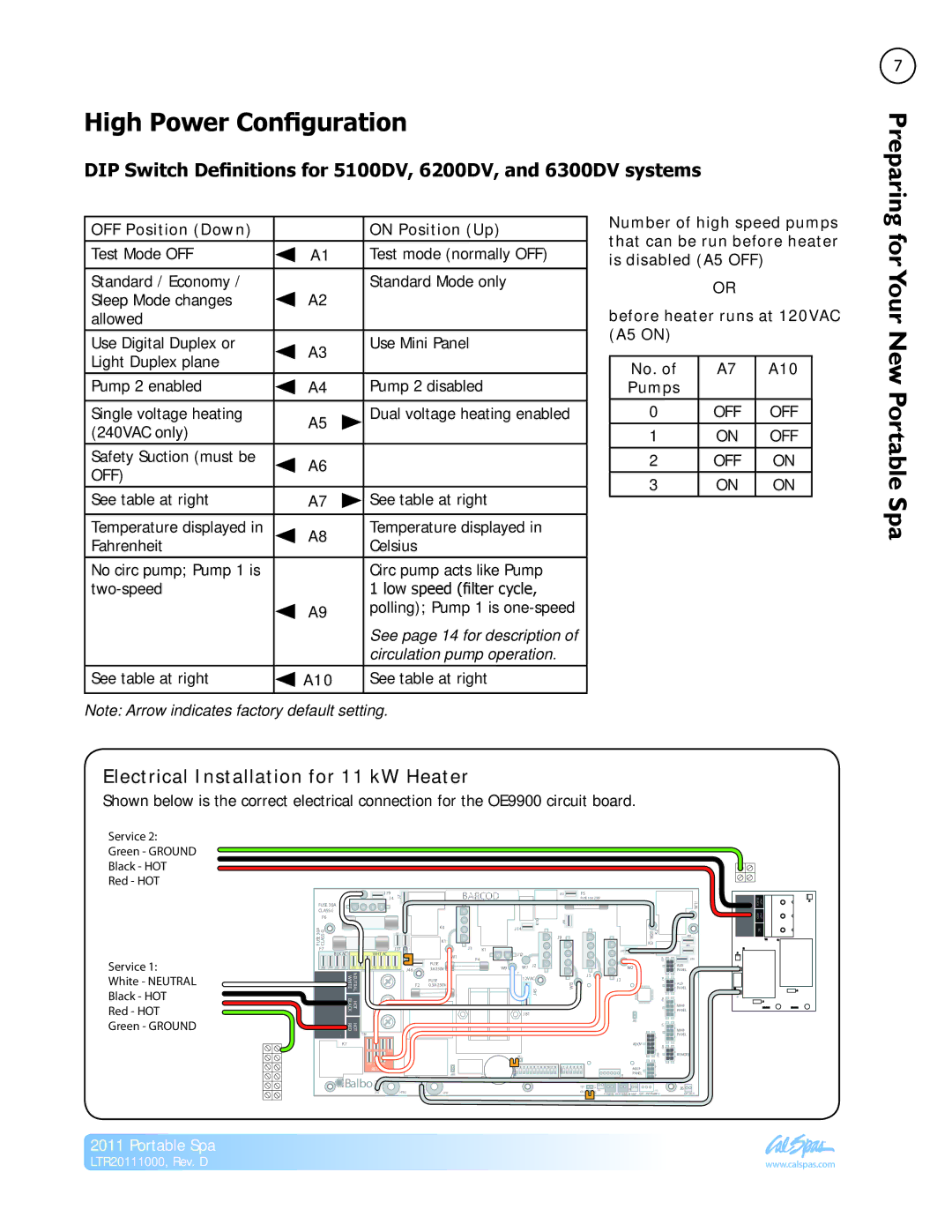 Cal Spas LTR20111000 High Power Configuration, Electrical Installation for 11 kW Heater, OFF Position Down On Position Up 