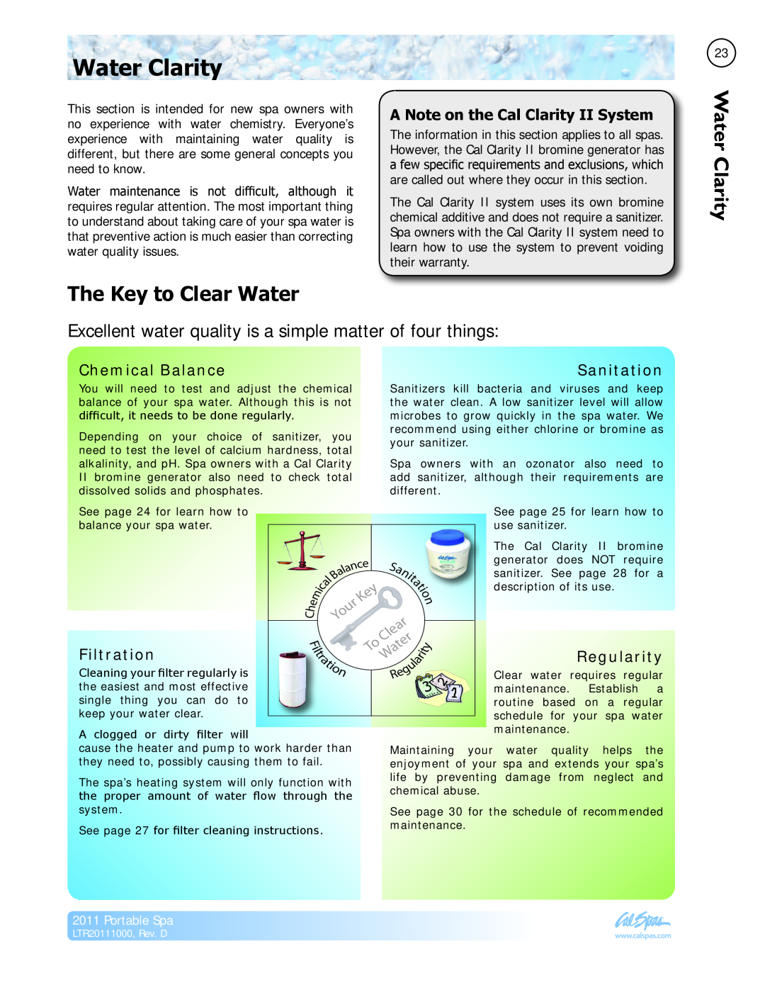 Cal Spas LTR20111000 Water Clarity, The Key to Clear Water, A Note on the Cal Clarity II System, Chemical Balance, Sanit 