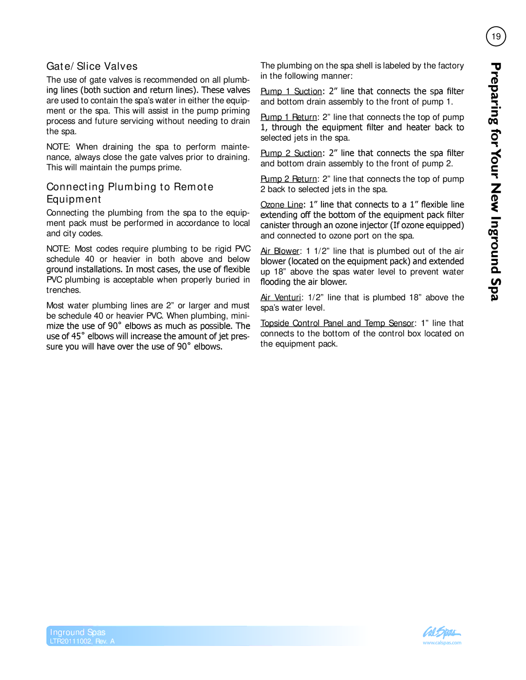 Cal Spas LTR20111002 manual Gate/Slice Valves, Connecting Plumbing to Remote Equipment 